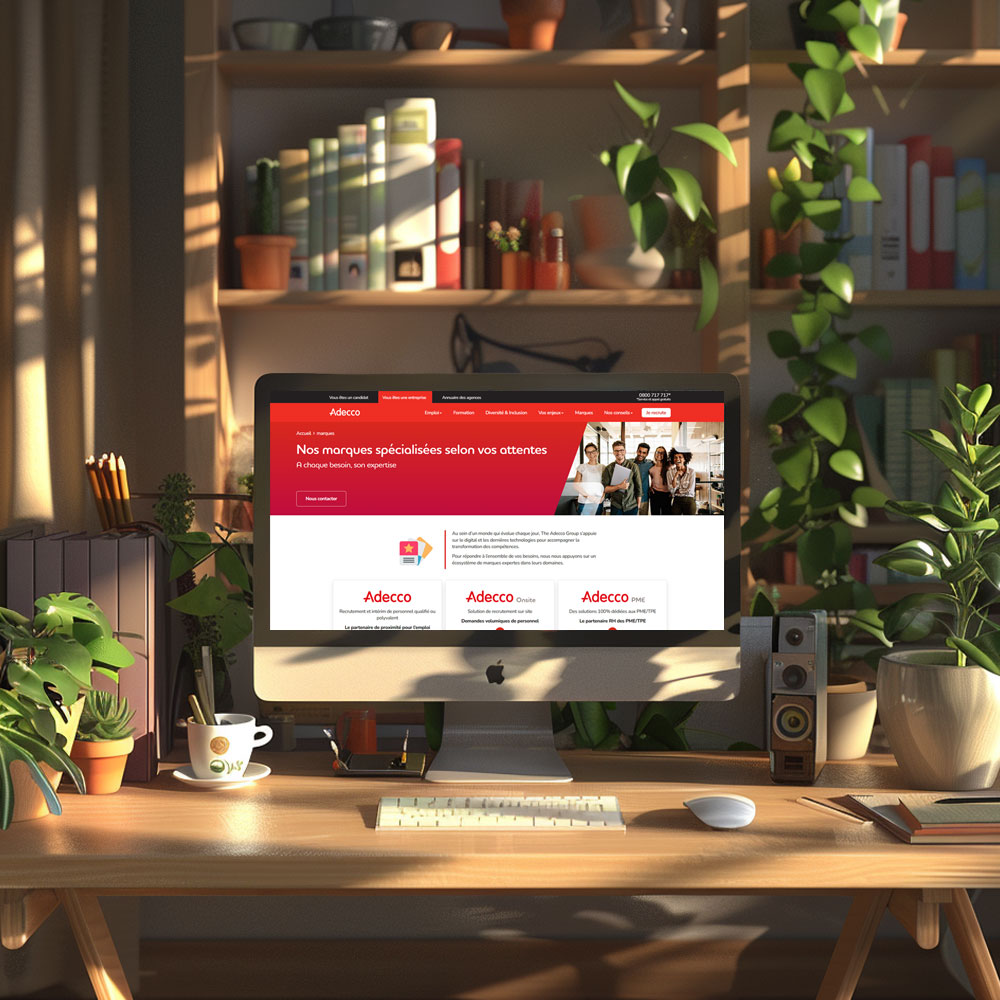 A computer in a office with plants