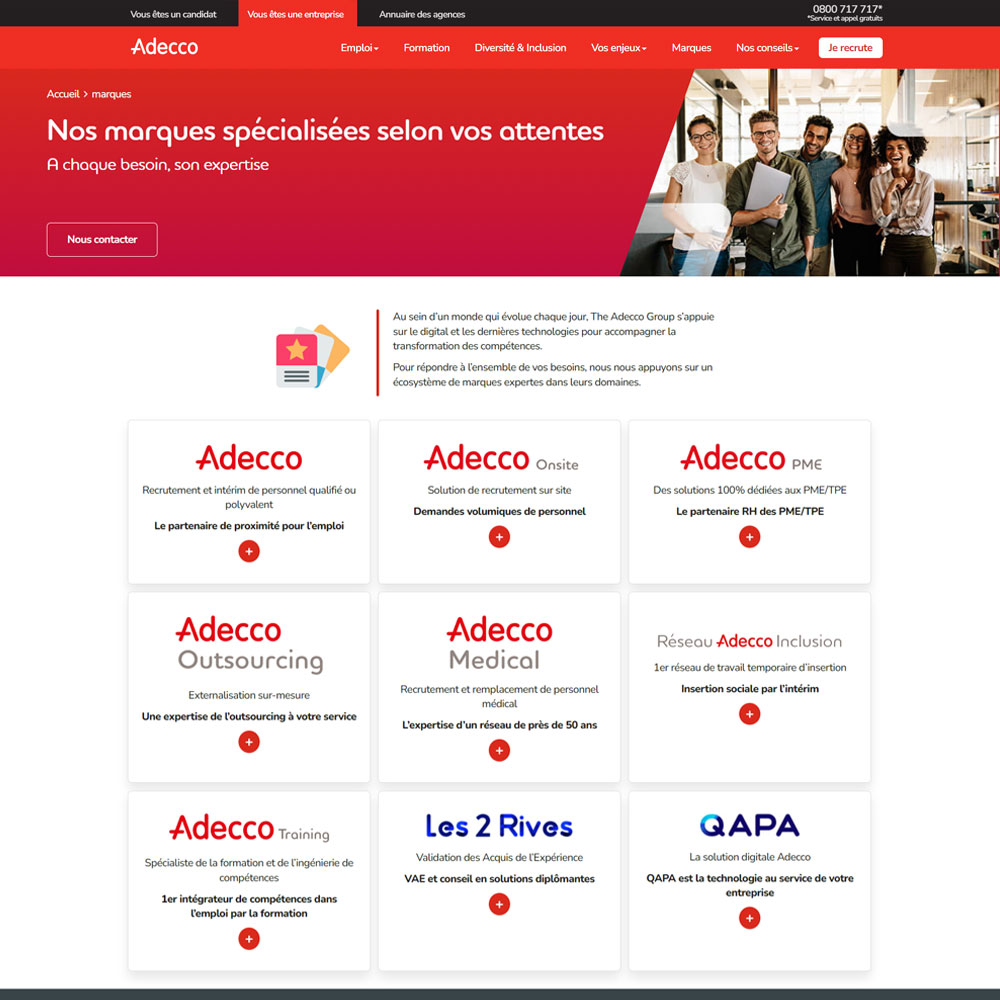 Page presenting the Adecco brands