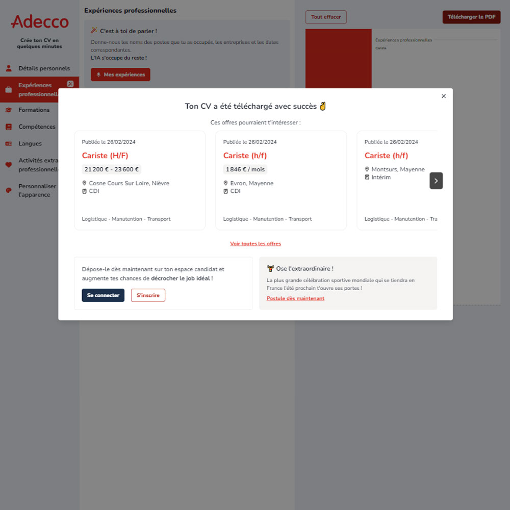 Adecco CV Maker download pop-up with job offers