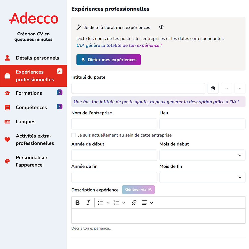 The professional experience page of Adecco's CV Maker