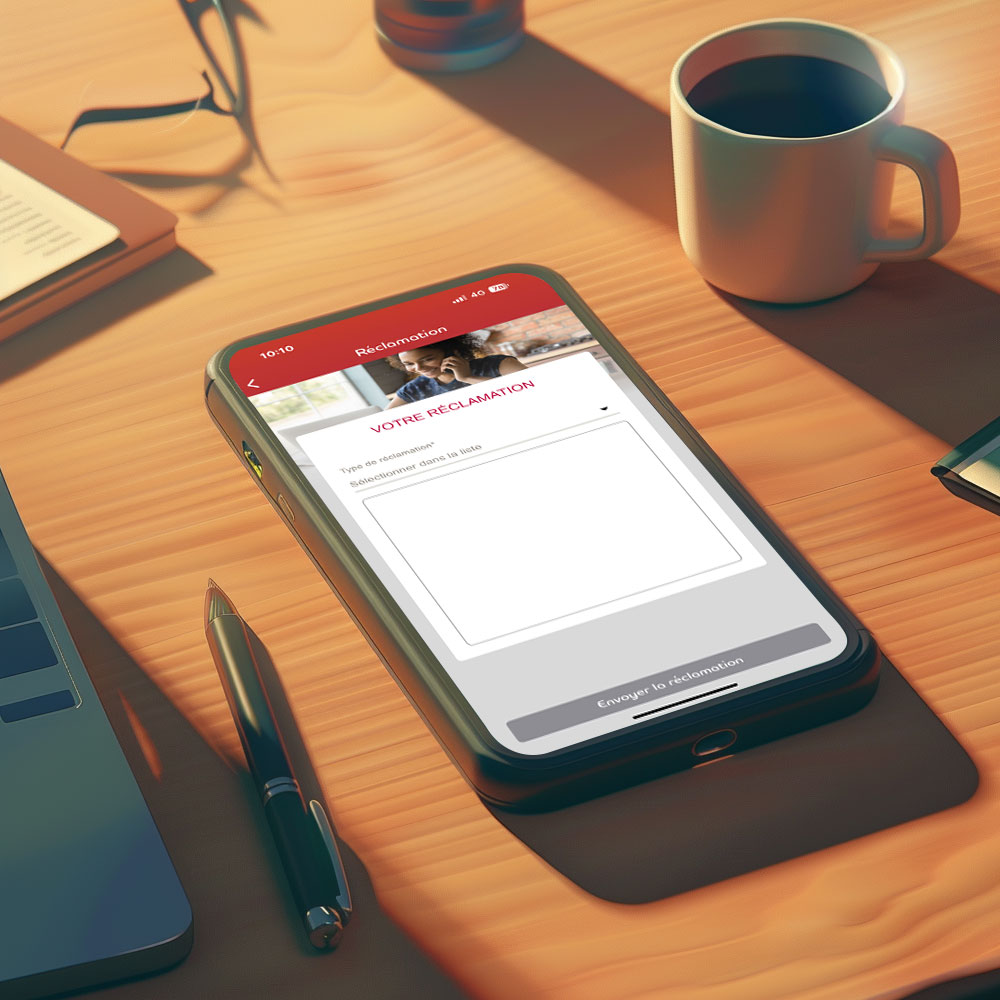 A mobile on a wooden desk near a cup of coffee