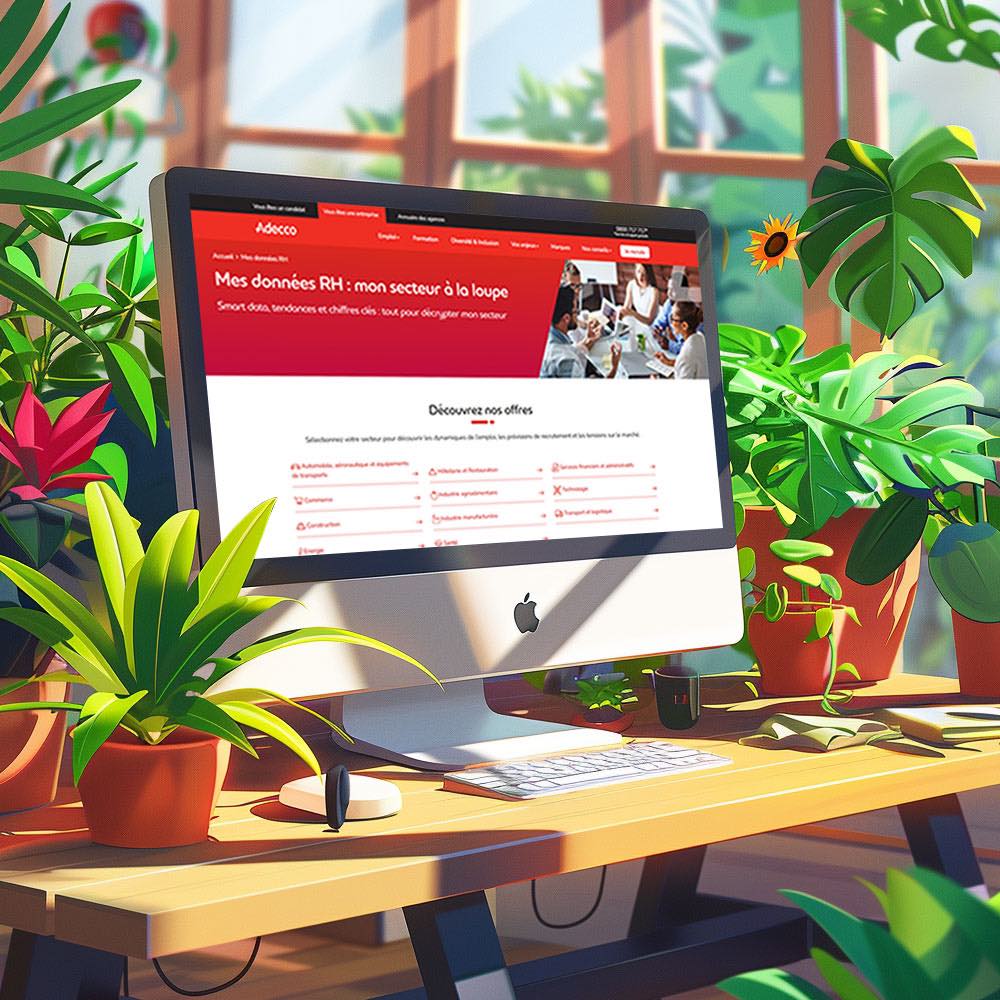 A computer on a wooden desk surrounded by plants