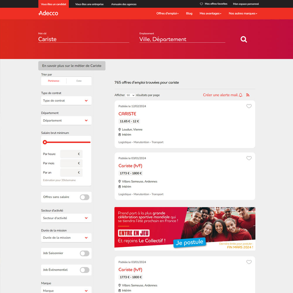 Adecco job offers search page